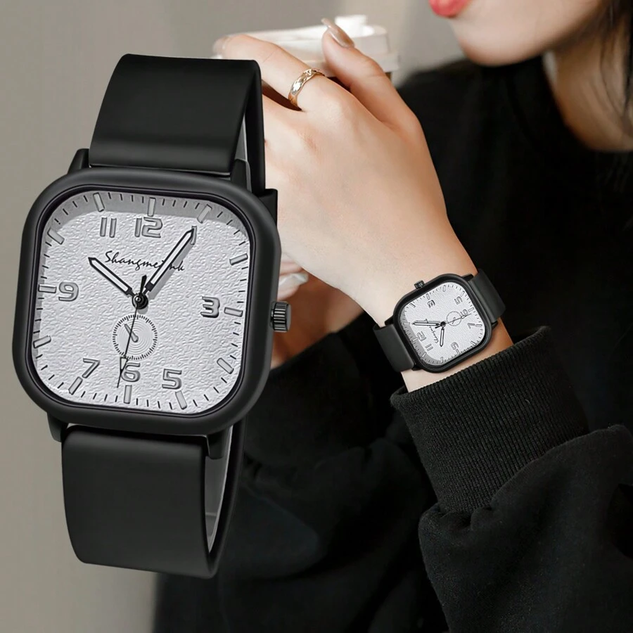 1 PC Unisex Vỏ Vuông Dây Silicon Đồng Hồ Thạch Anh, Đồng Hồ Đeo Tay Công Sở Thời Trang Cho Nam Và Nữ - màu đen - Xem 1