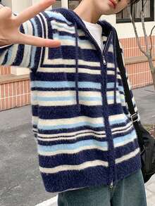 休闲拼色条纹连帽开衫 - 藍色 - 查看 4