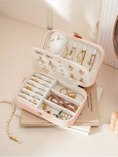 1 pieza Caja de almacenamiento de joyas de viaje, regalo para mujer, organizador de joyas mini, soporte para collares y aretes con espejo, esencial de viaje rosa, regalo del Día de la Mujer, para vacaciones en la playa, colección de baño, colección de dormitorio, gran capacidad