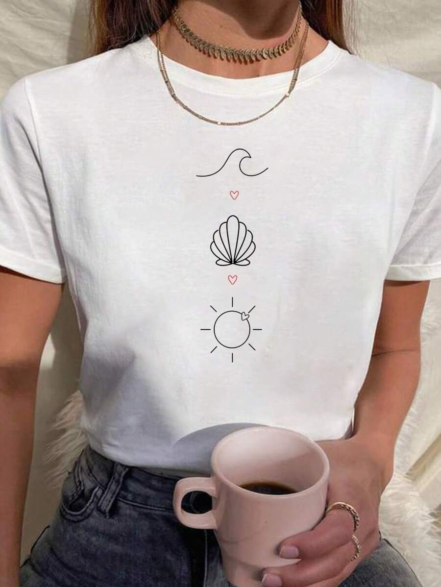 Babylook Women's T-Shirt 100% Cotton Beach Wave Shell Sun Heart Summer - trắng - Xem 1