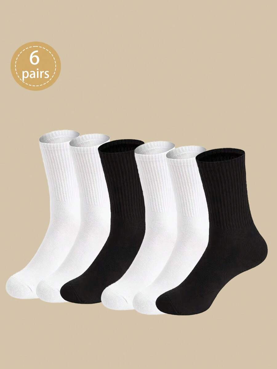 6 Pairs Women's Soft And Comfortable Solid Color Minimalist Style Black And White Mid-Calf Socks