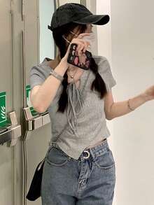 1件装 女士纯灰色不对称休闲短袖T恤 夏季 - 灰色 - 查看 5