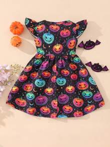 Jong meisje pompoen print kapmouw casual jurk, Halloween