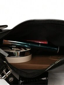 ROMWE Goth In The Summer Of 2025, The New Drawstring Women's Bag Fashion Bucket Bag Rivet Motorcycle Bag Three-Piece Wide Strap Crossbody Bag