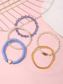 Pulsera de 5 niñas con diseño personalizado de mariposa, concha y perla de arroz - Azul - Ver 2