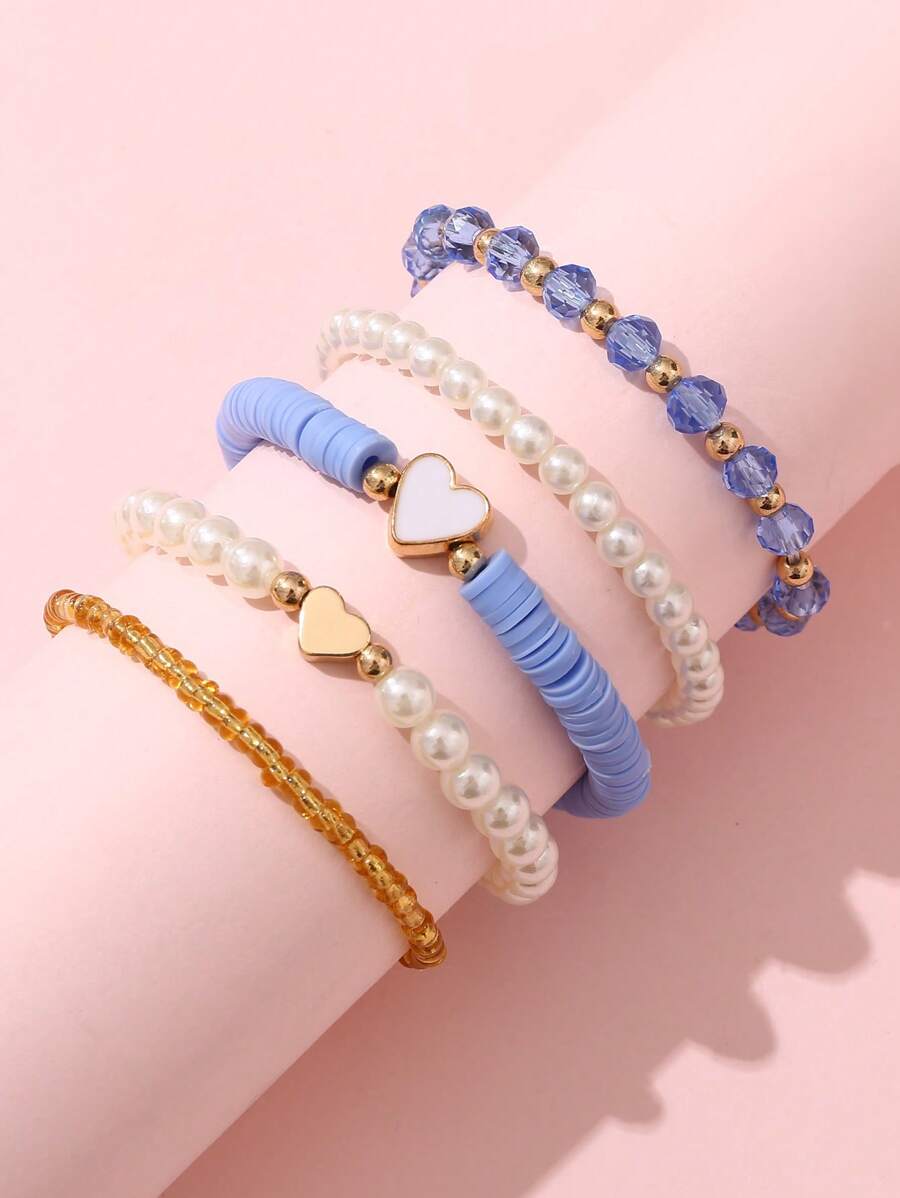 Pulsera de 5 niñas con diseño personalizado de mariposa, concha y perla de arroz - Azul - Ver 1