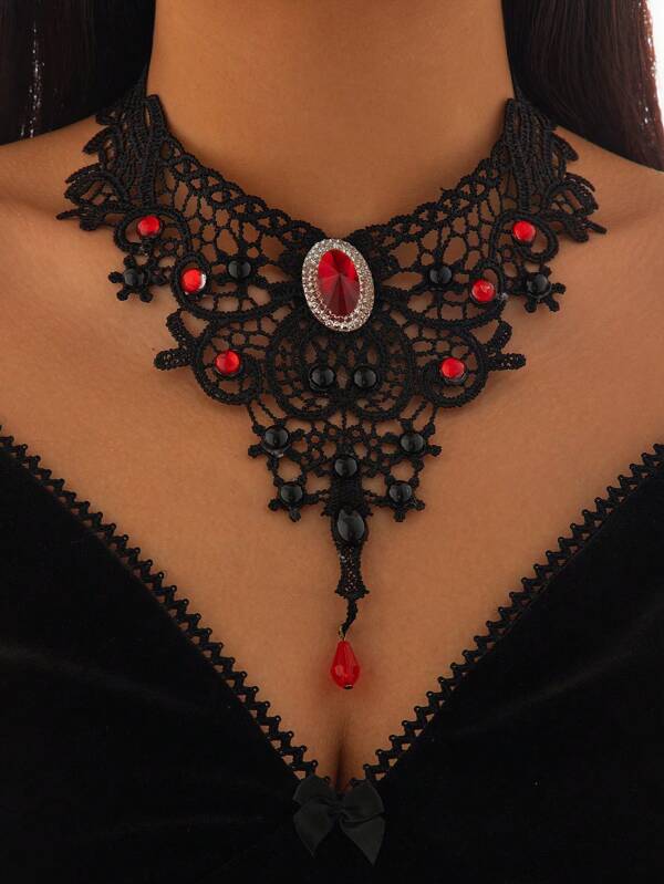 1pc Gothic Style Hollow Lace And Faux Gems Inlaid Pendant Necklace, Fashionable Personalized Festival Party Women Versatile Choker Necklace Gift