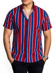 Camisa Hombre Casual Manga Corta Rayas Rojas, Azul Oscuro - Rojo - Ver 3