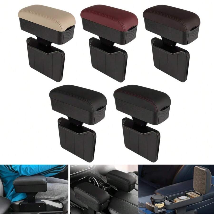 Car Center Console Armrest Box With Cup Holder, PU Leather Car Seat Gap Filler Storage Box, Adjustable Height Car Armrest Extension Pad With Cup Holder, Universal Comfortable Elbow Rests Storage Box - Style 1 - View 1