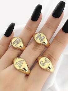 1pc Cubic Zirconia Initial Ring, Gold-Tone, Everyday Wear Gift For Women - Gold - View 4
