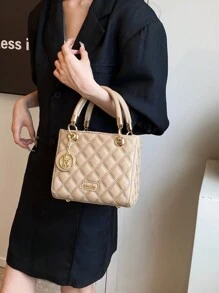 女士大容量手提包，奢华女包，卡其色刺绣菱形斜挎包 - 卡其色 - 查看 4