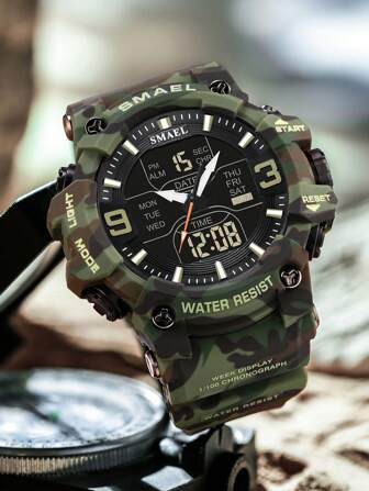 SMAEL 50m Reloj deportivo militar con camuflaje resistente al agua para hombres, pantalla dual, esfera grande, resistente a los golpes, esfera luminosa, alarma multifuncional, 12/24H