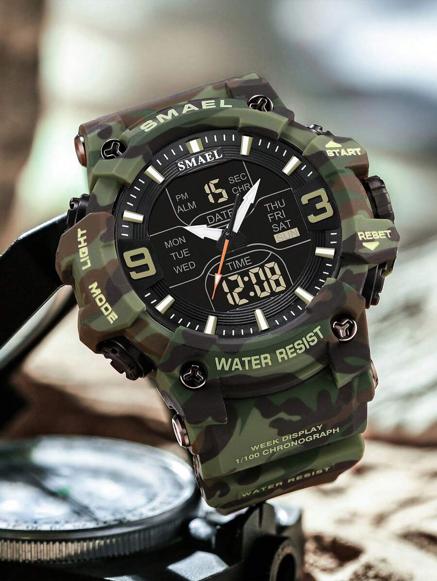 SMAEL 50m Waterproof Camo Military Men Sport Watch, Dual Display, Big Dial, Shock Resistant, Luminous Dial, Multi-Functional Alarm, 12/24H - Army Green - View 1