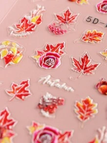 5D 浮雕热销红黄枫叶指甲贴纸秋季主题花朵玫瑰贴花指甲艺术装饰美甲 - 彩色 - 查看 5