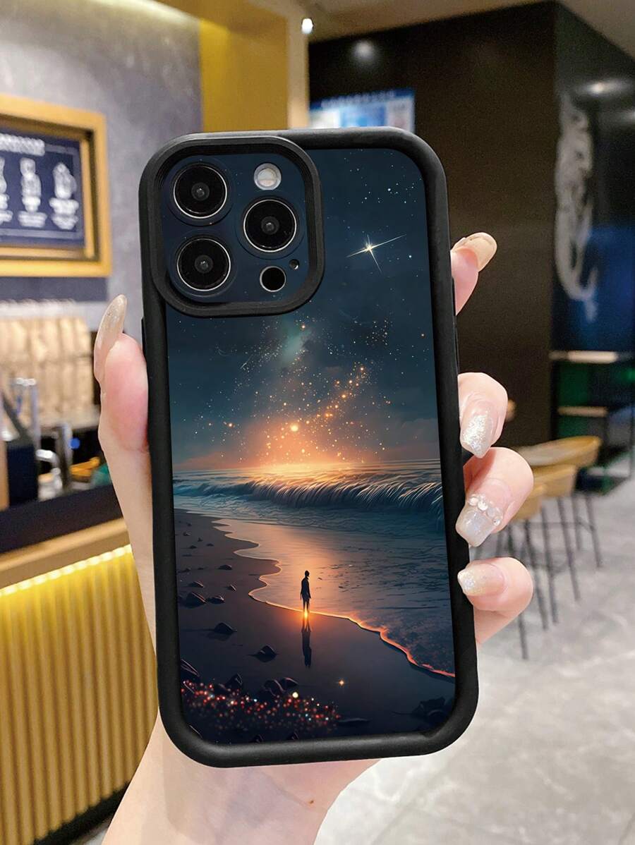1个黑色宇宙海景印花阶梯式手机壳，兼容苹果/红米/Infinix/vivo/Oppo手机 - 黑色 - 查看 1