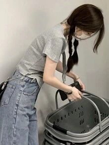 1件装 女士纯灰色不对称休闲短袖T恤 夏季 - 灰色 - 查看 2