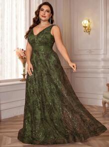 Plus Size Women High Quality Sequin Embroidery Patchwork Ribbon V-Neck A-Line Elegant Formal Evening Party Ball Gown Dress (Heavily Decor) Wedding Guest Dress - 橄欖綠 - 查看 2