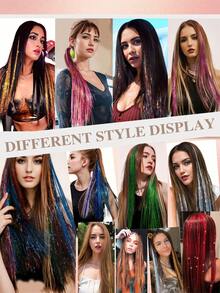 Kit de extensiones de cabello con brillos y lentejuelas, herramientas para extensiones de cabello tipo hada brillante, 12 raíces de extensiones de cabello holográfico de colores, kit de mechones de cabello con lentejuelas de 48 pulgadas - Multicolor - Ver 7