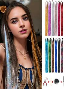 Kit de extensiones de cabello con brillos y lentejuelas, herramientas para extensiones de cabello tipo hada brillante, 12 raíces de extensiones de cabello holográfico de colores, kit de mechones de cabello con lentejuelas de 48 pulgadas - Multicolor - Ver 1