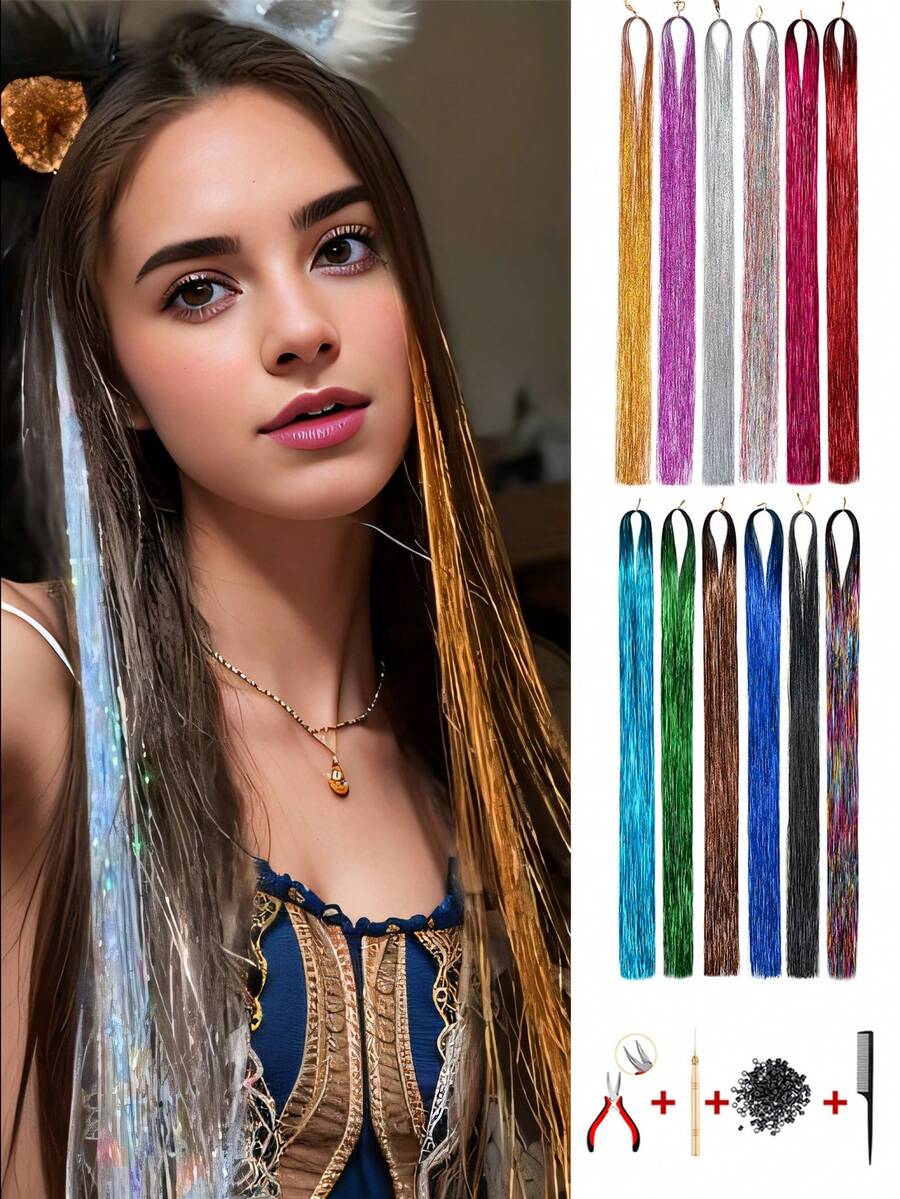 Kit de extensiones de cabello con brillos y lentejuelas, herramientas para extensiones de cabello tipo hada brillante, 12 raíces de extensiones de cabello holográfico de colores, kit de mechones de cabello con lentejuelas de 48 pulgadas - Multicolor - Ver 1