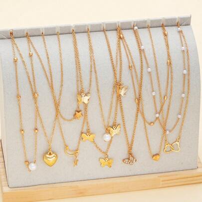 10 件套简约心形蝴蝶星月亮水钻仿珍珠吊坠项链，适合女士、约会礼物、度假日常搭配（无盒）情人节