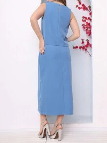 TAILORING SET BLOUSE AND MIDI SKIRT - Blue - View 4