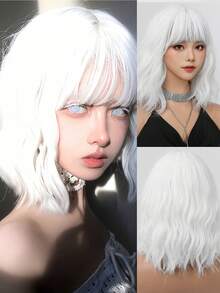 Unique And Exaggerated Short Curly Hair Wig With Bangs In Pure White Color, 14-Inch Synthetic Heat-Resistant Fiber, Perfect For Halloween, Parties, And Events. - White - View 3
