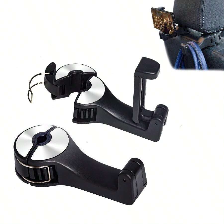 Car Seat Hooks For Purses And Bags With Phone Holder, Universal Car Headrest Storage Organizer Hanger Hook With Lock, 360° Rotation Headrest Hooks, 2 In 1 Car Headrest Hooks, 2 Pack, Silver