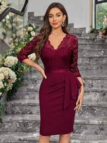 MIUSOL Floral Lace V-Neck Side Ruffle 3/4 Sleeve Slim Fit Business Pencil Skirt - Burgundy - View 2