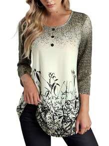 Women's Floral Print Casual Tops Blouse 3/4 Sleeve Buttons T Shirts - 墨綠色 - 查看 3