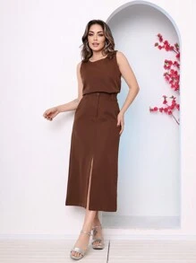 TAILORING SET BLOUSE AND MIDI SKIRT - Rust Brown - View 2