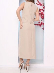 CONJUNTO ALFAIATARIA BLUSA E SAIA MIDI - Bege - Visão 4