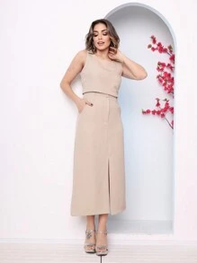 CONJUNTO ALFAIATARIA BLUSA E SAIA MIDI - Bege - Visão 2