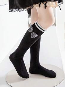 3 Pairs Girls Knee High Socks, Solid White/Black, Striped, Double Lines, Big Lace, Small Lace, Ruffle, Bow, Straight Leg Styles, Cute Princess School Style Socks For Spring/Autumn/All Seasons, Suitable For Daily Wear, Party, Festival, Back To School, Matching With Leather Shoes, Sneakers, Loafers