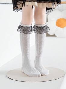 3 Pairs Girls Knee High Socks, Solid White/Black, Striped, Double Lines, Big Lace, Small Lace, Ruffle, Bow, Straight Leg Styles, Cute Princess School Style Socks For Spring/Autumn/All Seasons, Suitable For Daily Wear, Party, Festival, Back To School, Matching With Leather Shoes, Sneakers, Loafers