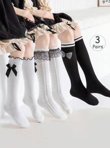 3 Pairs Girls Knee High Socks, Solid White/Black, Striped, Double Lines, Big Lace, Small Lace, Ruffle, Bow, Straight Leg Styles, Cute Princess School Style Socks For Spring/Autumn/All Seasons, Suitable For Daily Wear, Party, Festival, Back To School, Matching With Leather Shoes, Sneakers, Loafers