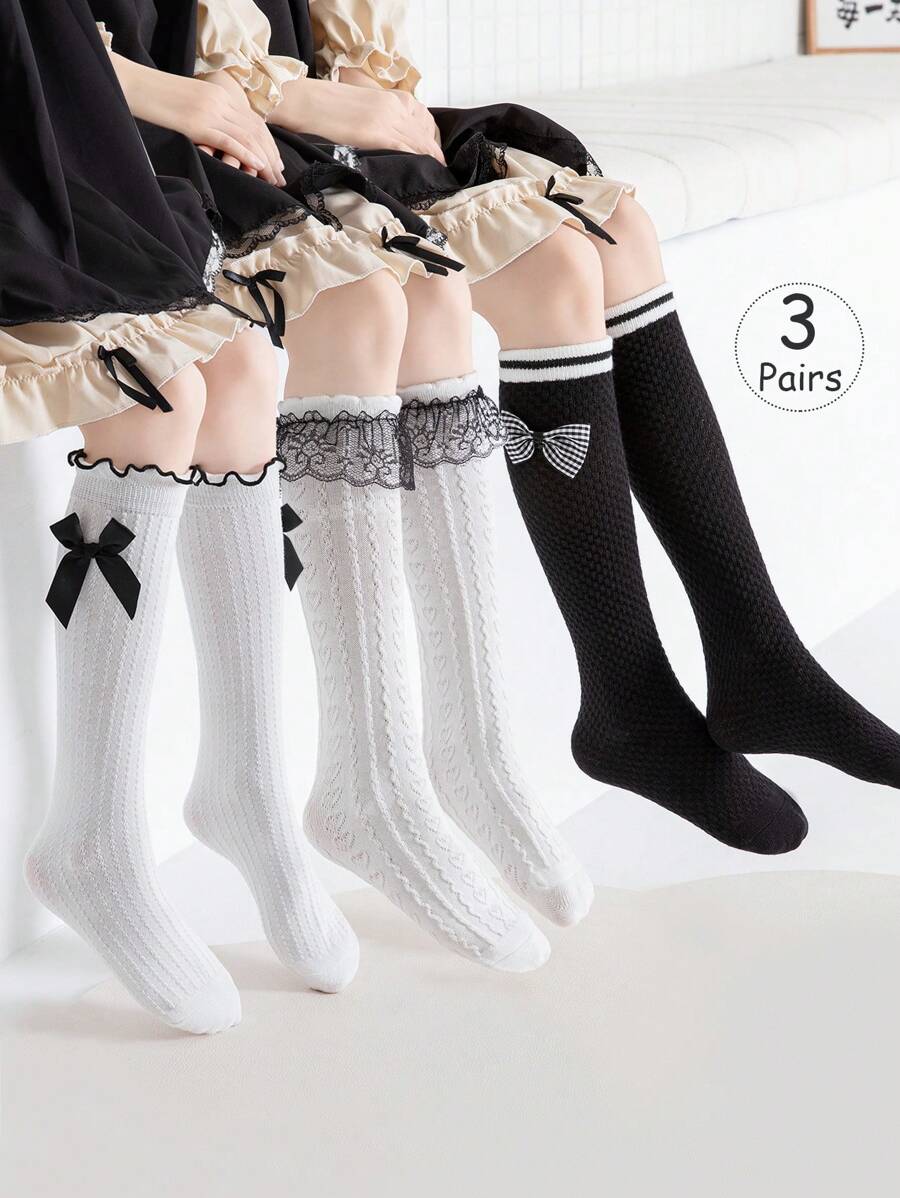 3 Pairs Girls Knee High Socks, Solid White/Black, Striped, Double Lines, Big Lace, Small Lace, Ruffle, Bow, Straight Leg Styles, Cute Princess School Style Socks For Spring/Autumn/All Seasons, Suitable For Daily Wear, Party, Festival, Back To School, Matching With Leather Shoes, Sneakers, Loafers