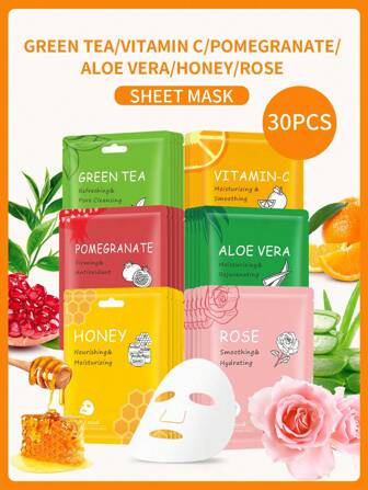 Kimsly 30 片全尺寸大包装面膜，可使用 1 个月，混合芦荟维生素 C 玫瑰石榴绿茶 Honry 透明质酸紧致保湿面膜