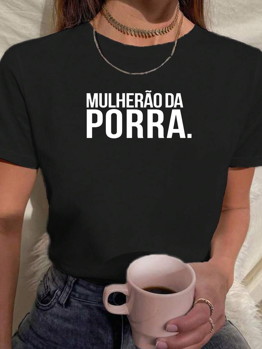 Feminine T-Shirt Babylook T Shirt 100% Cotton Frase Mulherão Da Porra Empowerment Feminism - màu đen - Xem 1
