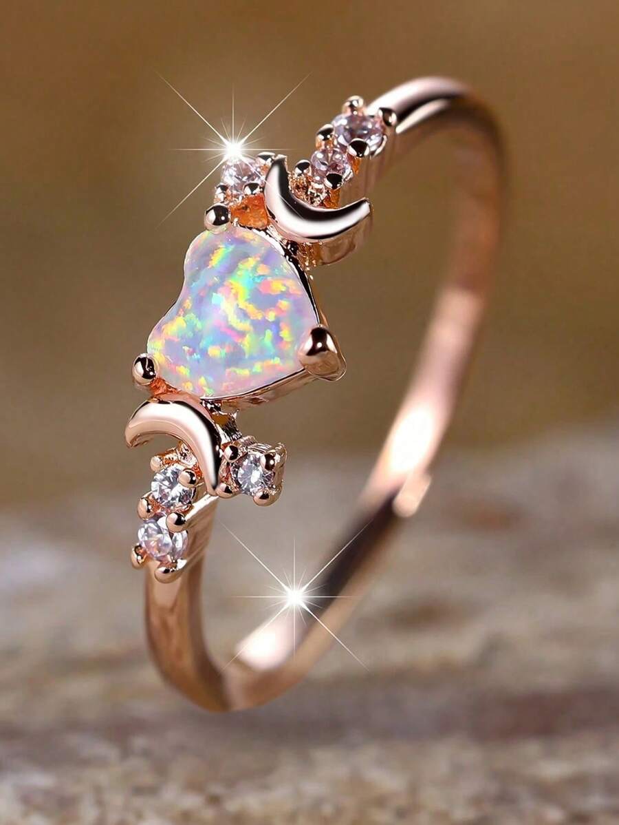 1 件时尚新款锆石心形蛋白石戒指，男女订婚礼物，适合朋友/家人/恋人 - 玫瑰金 - 查看 1