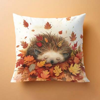 1pc Reversible Autumn Cute Cartoon Sleeping Hedgehog & Maple Leaf Decorative Pillow Case Cover, Peach Velvet Material, 45*45/50*50/40*40CM Cushion Cover For Modern Fabric Sofa Indoor Decor, Party Decoration