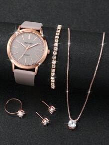 6pcs Set Women Fashion Casual Suede Grain Marked Dial Classic Quartz Wrist Watch & Jewelry, (Excluding Watch Box) - Grey - View 2