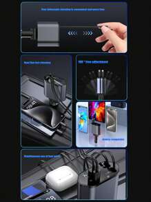 1pc Car Charger With Super Fast Flash Charging And Retractable 4-In-1 Cable And Cigarette Lighter Support - Black - View 4