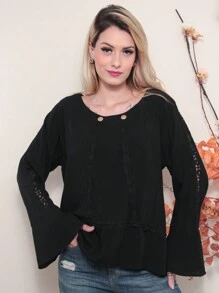 Women's Blouse Shirt With Flare Sleeves And Lace Details - Casual Elegance - 黑色 - 查看 1
