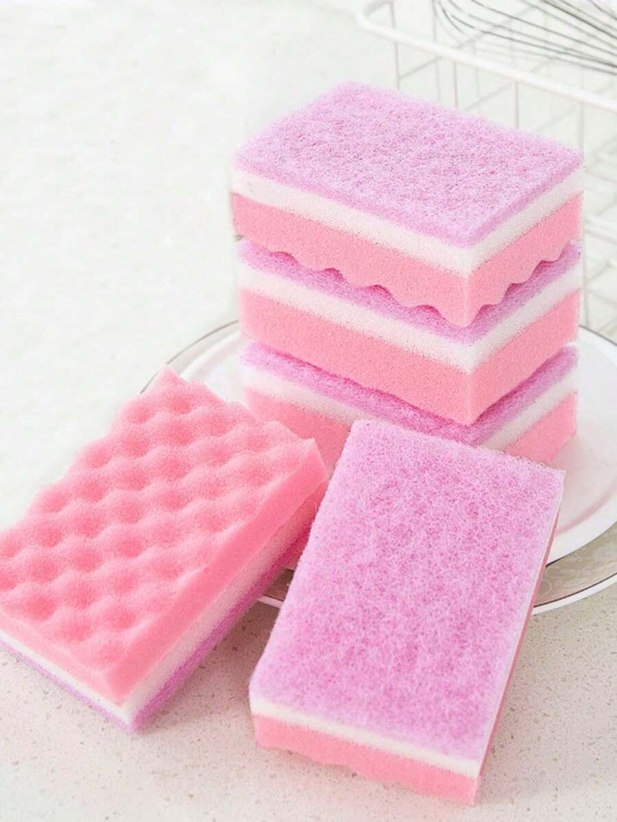 5pcs Strong Stain Removal Sponge, Dual-Purpose Cleaning Wave Sponge For Kitchen,Kitchen,Bathroom,Home,Household Supplies - Pink - View 1