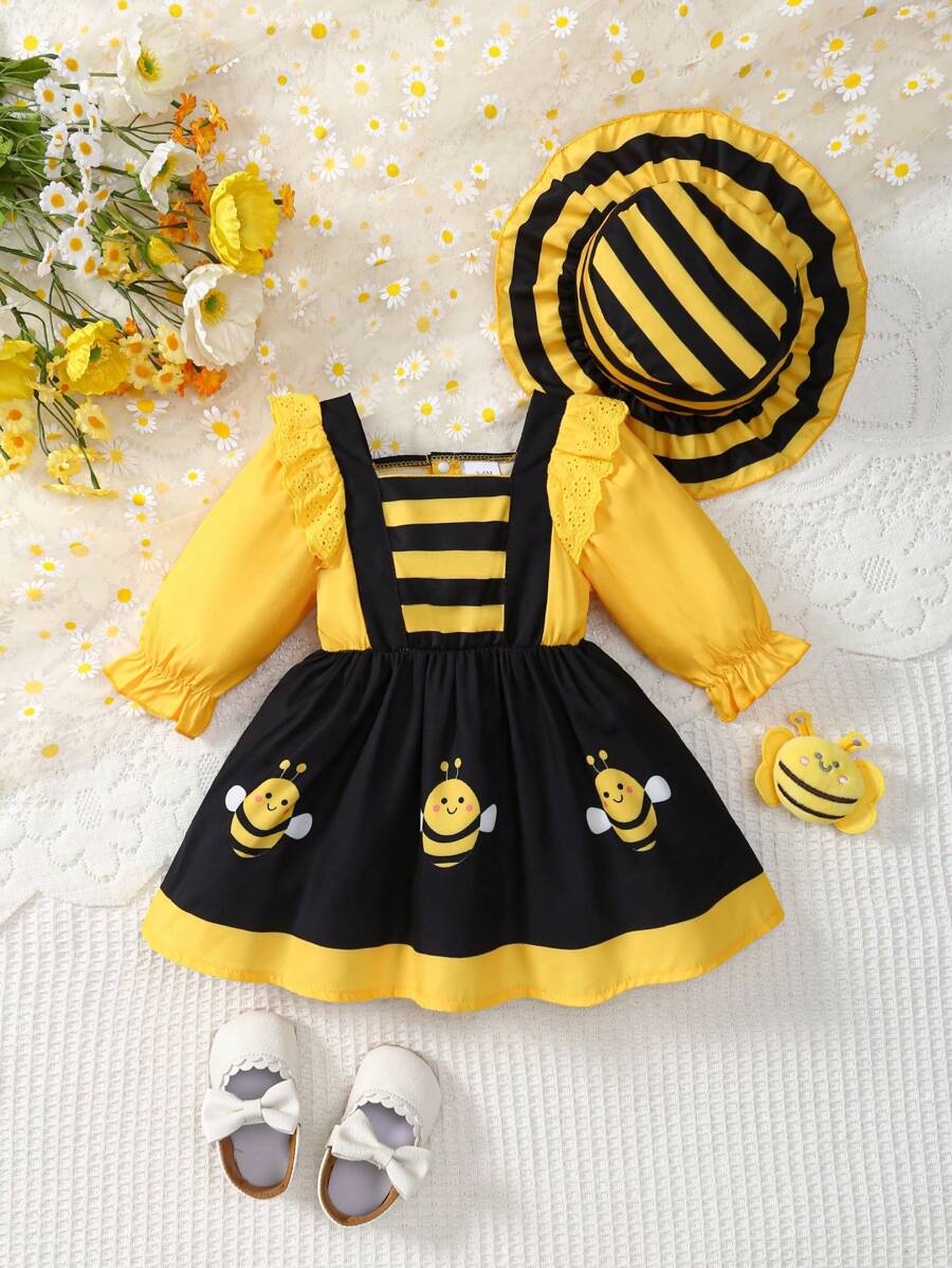 Conjunto de 2 piezas de vestido de manga larga con escote redondo y ribete de encaje en la espalda abierta con estampado de abeja + sombrero de sol a rayas con volante para niñas bebé - Multicolor - Ver 1