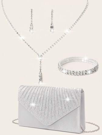 4 件装女式水钻晚装手拿包水钻耳夹新娘婚礼颈链手链吊饰闪亮钱包手拿包信封式晚装包女士舞会闪亮水钻手提包带可拆卸链条适用于婚礼和派对女士单肩包