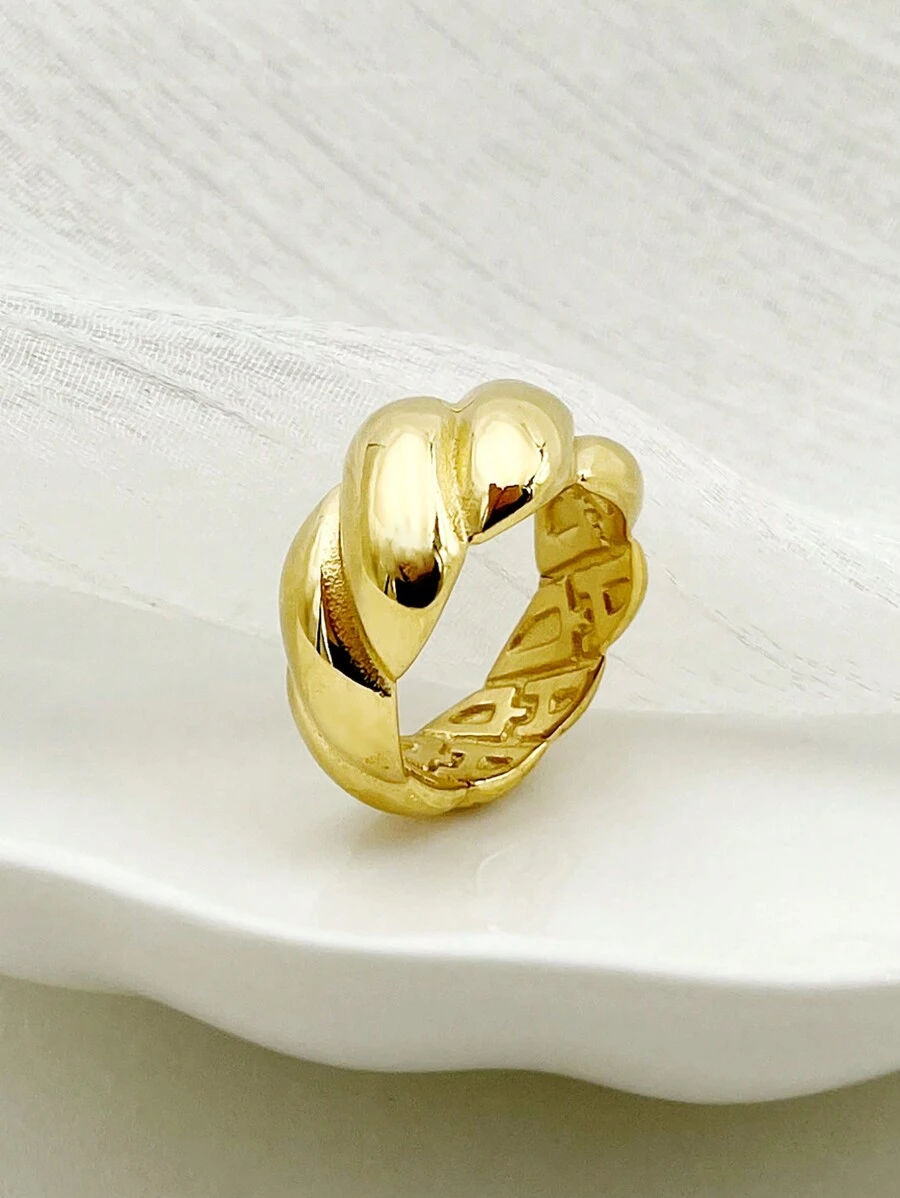 Mazuer 1pc 18K Gold Plated Vintage Style Double Water Drop Stainless Steel Ring, Unisex Casual Daily/Party/Gift