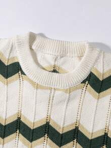 ANDREILEE 春秋冬新款男士休闲宽松时尚简约菱格条纹撞色白绿长袖毛衣男女通用圆领套头衫复古混色针织上衣 - 白色 - 查看 3