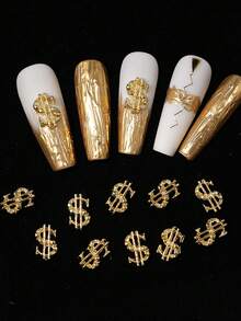 10 piezas Encantos de uñas de aleación con signo de dólar dorado 3D, encantos de arte de uñas con signo de dinero brillante, decoraciones de uñas para diseño de uñas, joyería DIY de artesanía de arte de uñas para mujeres - Dorado - Ver 2